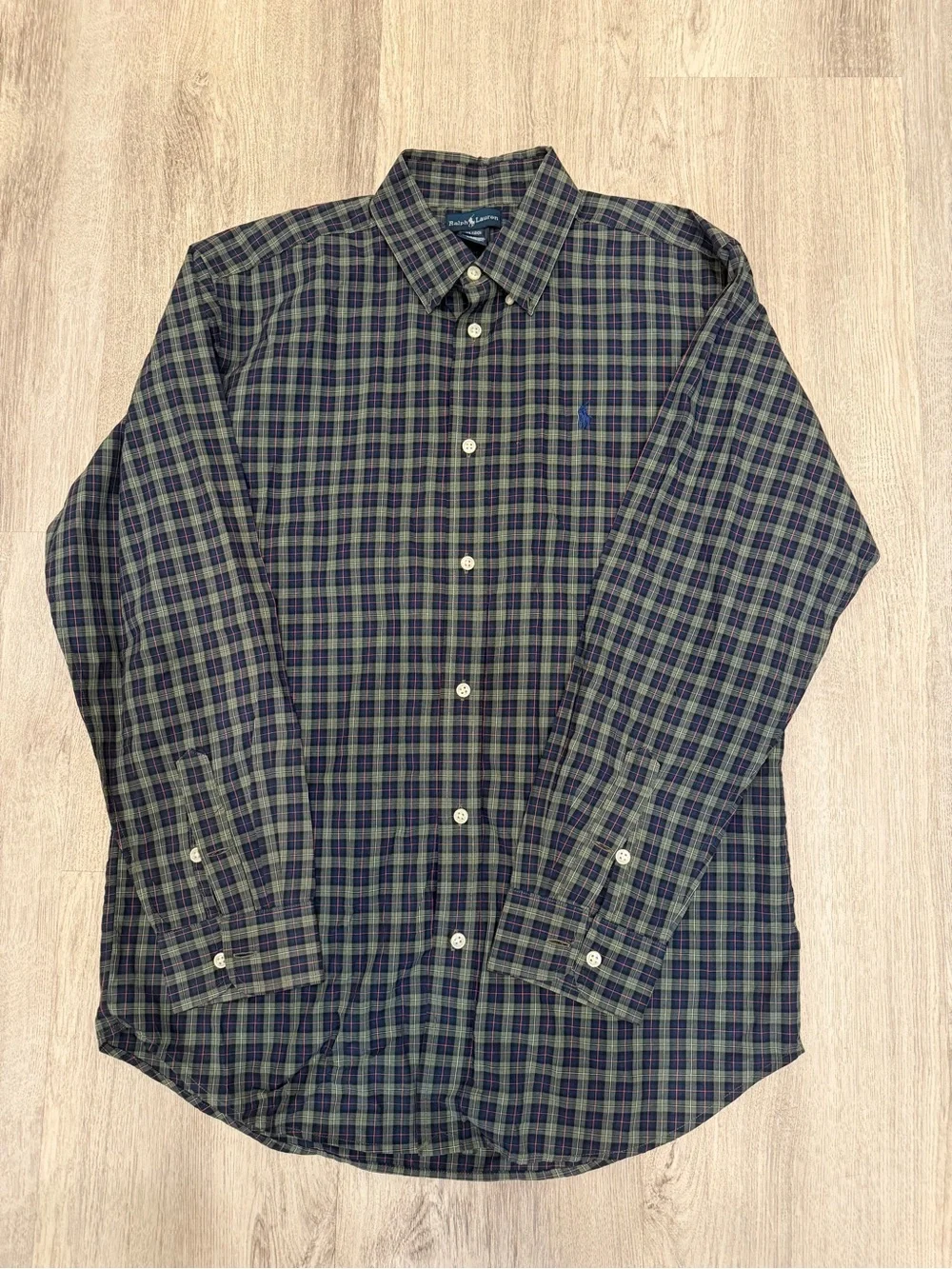 Ralph Lauren XL Green Navy Plaid 100% Cotton Button Down Shirt